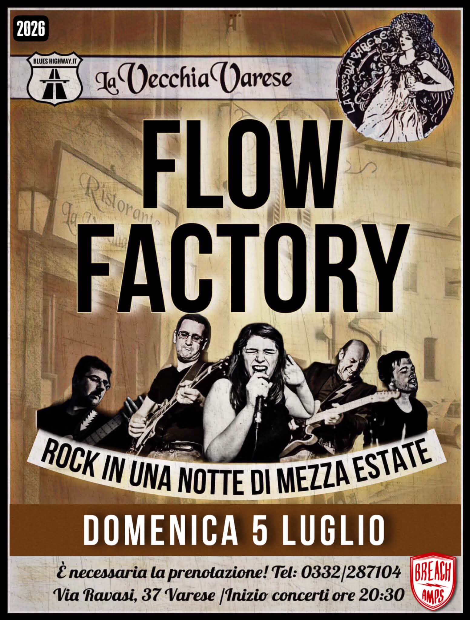 Manifesto del concerto Flow Factory alla Vecchia Varese, domenica 5 luglio