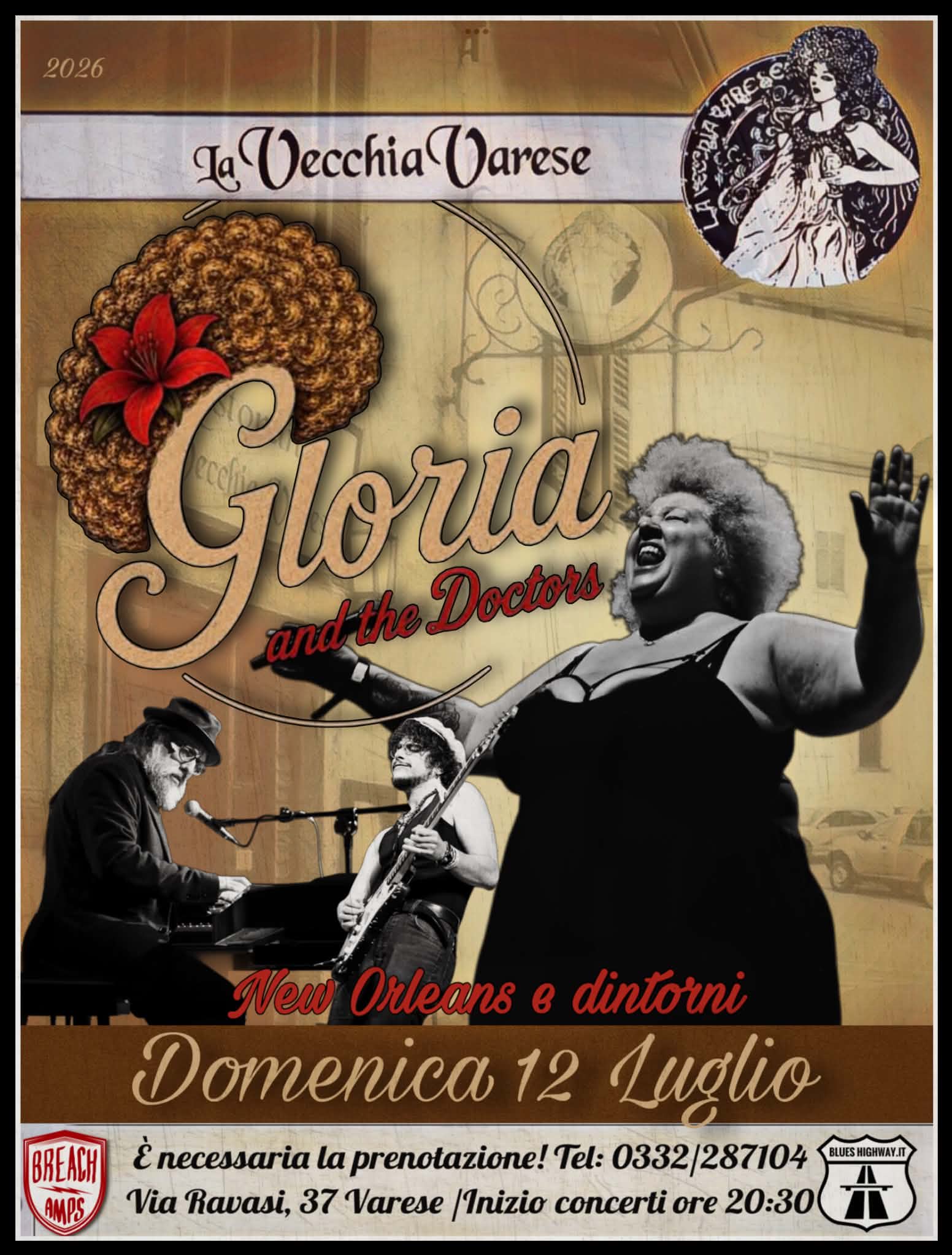 Manifesto del concerto Gloria and the Doctors alla Vecchia Varese, domenica 12 luglio